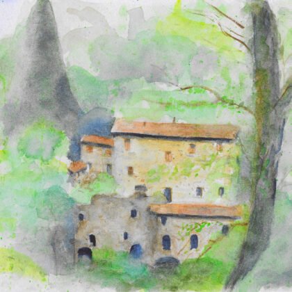 Ethereal rustic scene watercolour print of old Tuscan house and mill
