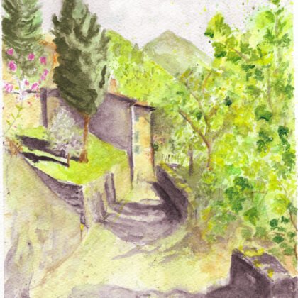 Watercolour painting of Sommocolona, hilltop village in Tuscany