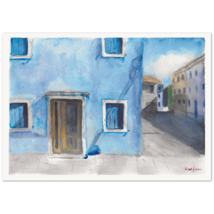 Painting of Italian House in Blue, Watercolour Print
