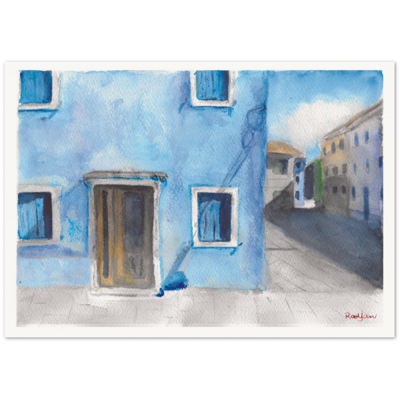 Painting of Italian House in Blue, Watercolour Print