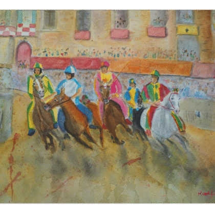 Palio Siena painting, watercolour of the Palio in Siena, Horses painting, equestrian painting