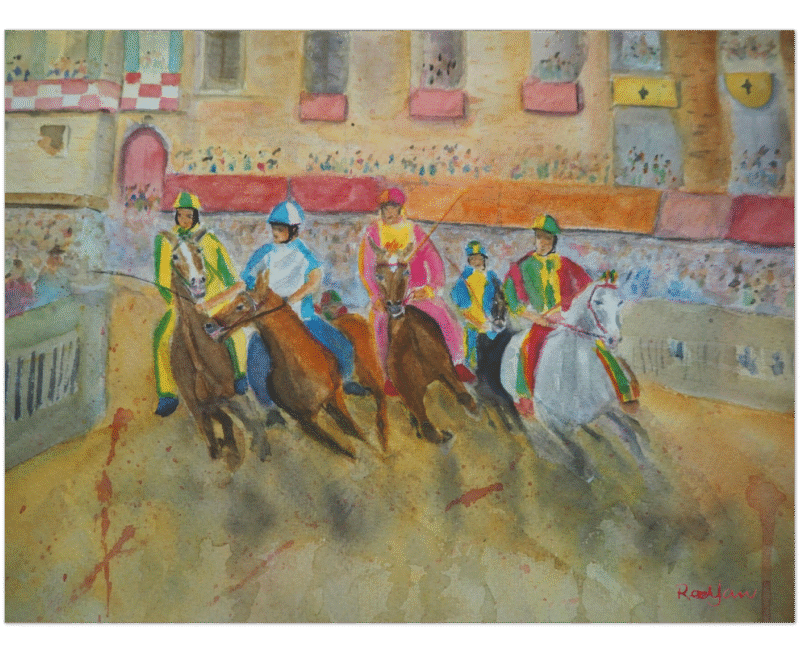 Palio Siena painting, watercolour of the Palio in Siena, Horses painting, equestrian painting