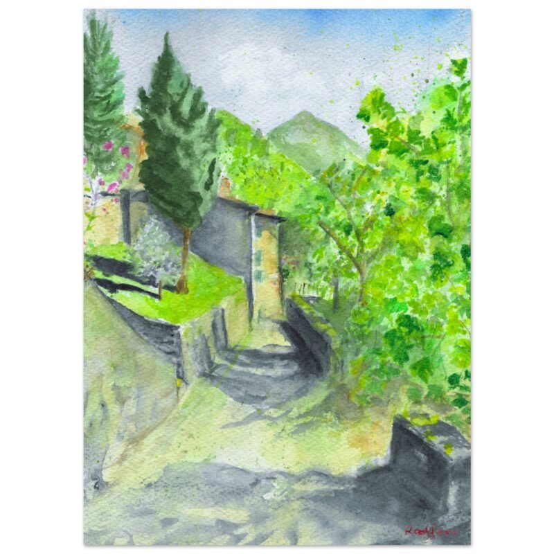 Sommocolonia, watercolour painting of Sommocolonia, Barga in the summer.