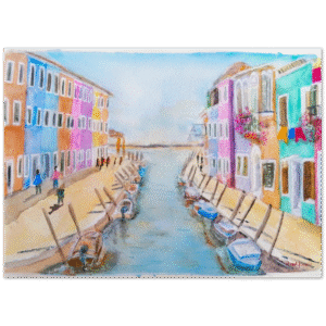 Burano painting. Print from original watercolour painting of Burano, Venice, Italy. The colourful painting evokes the charm of everyday Burano life with moored boats, washing line and a balcony of flowers.
