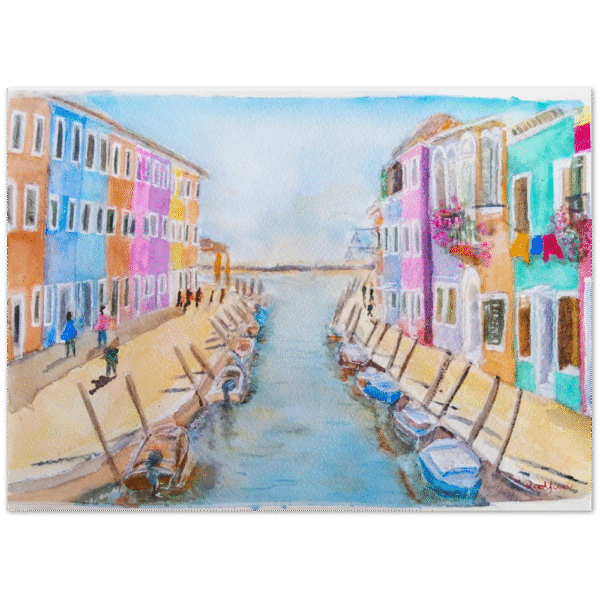 Burano painting. Print from original watercolour painting of Burano, Venice, Italy. The colourful painting evokes the charm of everyday Burano life with moored boats, washing line and a balcony of flowers.