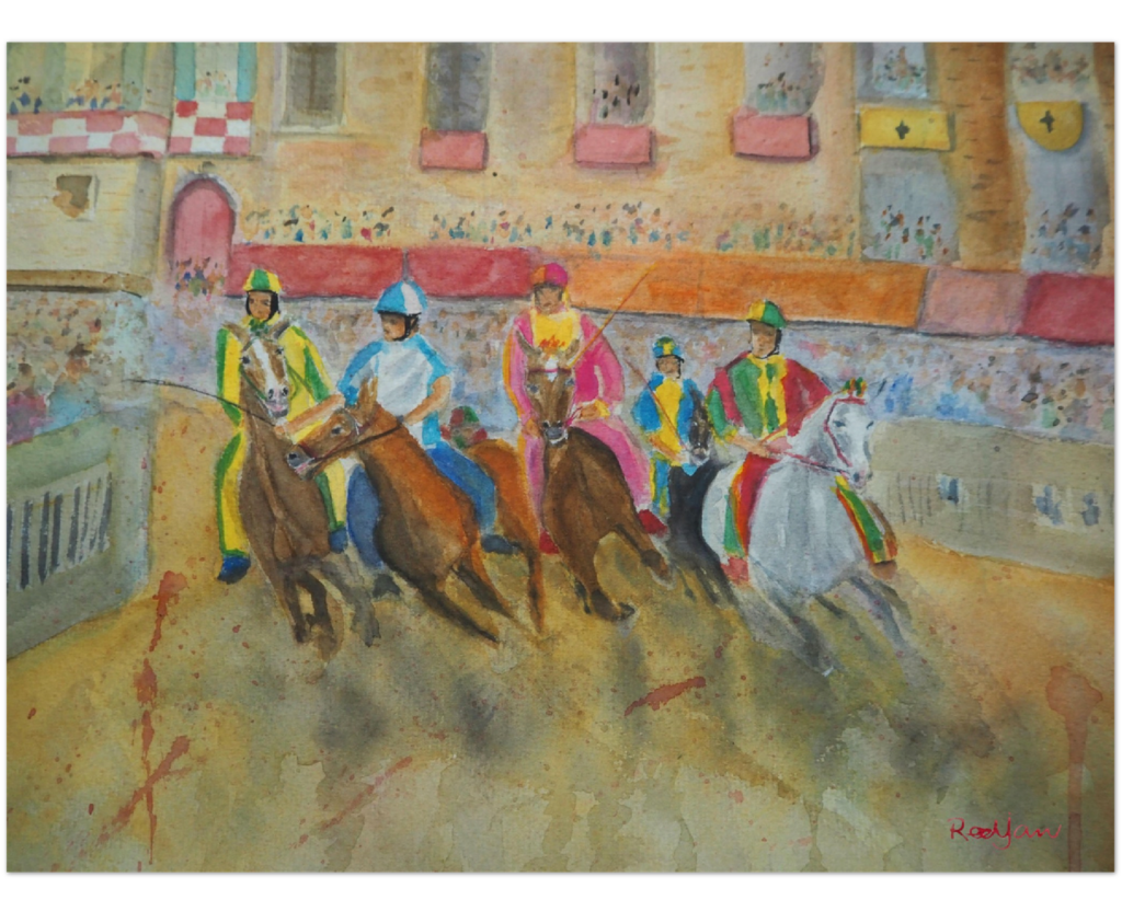 Palio Siena fine art watercolour print of the famous race in Tuscany, Italy
