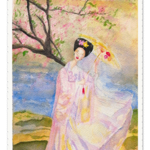 Lady with parasol painting which features a woman holding a parasol near a river with a tree with the breeze gently blowing at her delicate oriental style dress. The picture has an oriental aesthetic.