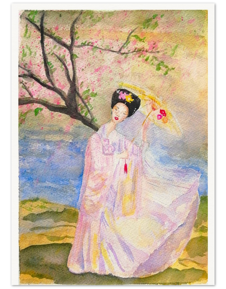 Lady with parasol painting which features a woman holding a parasol near a river with a tree with the breeze gently blowing at her delicate oriental style dress. The picture has an oriental aesthetic.