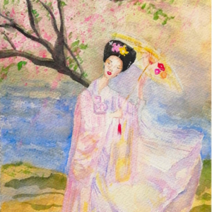 Lady with parasol painting which features a woman holding a parasol near a river with a tree with the breeze gently blowing at her delicate oriental style dress. The picture has an oriental aesthetic.