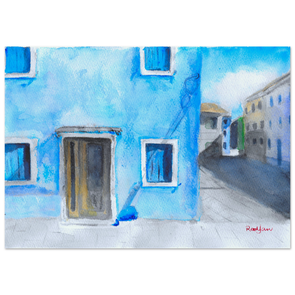 Blue House At Burano, Watercolour Print