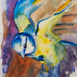 Bluetit painting, vibrant expressionist watercolour print of bluetit in flight