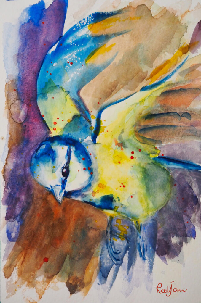 Bluetit painting, vibrant expressionist watercolour print of bluetit in flight