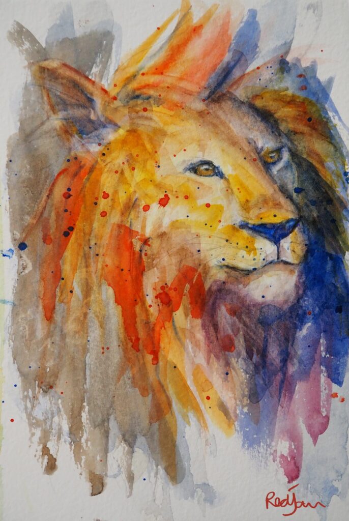 Vibrant Lion print, watercolour on paper painting