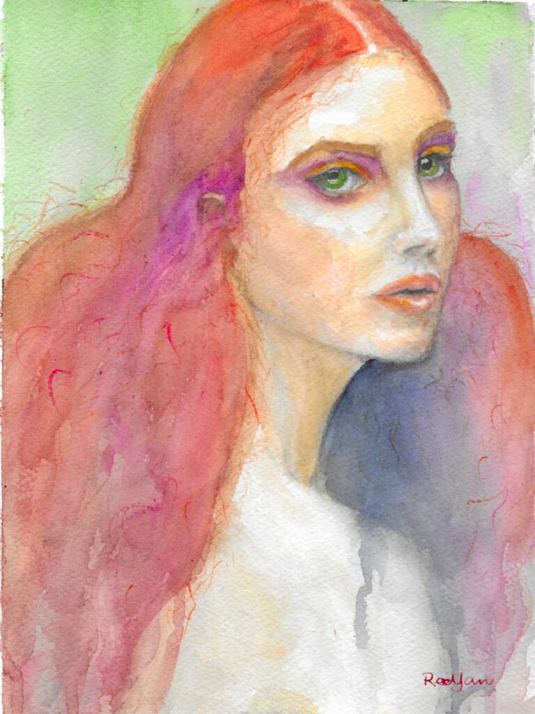 Watercolour painting, woman with red hair, woman portrait, bedroom picture, woman portrait