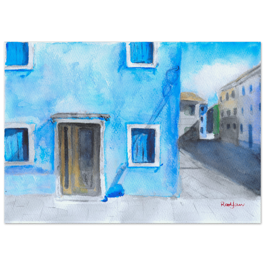 Burano wall art, Burano Venice painting of the blue house.