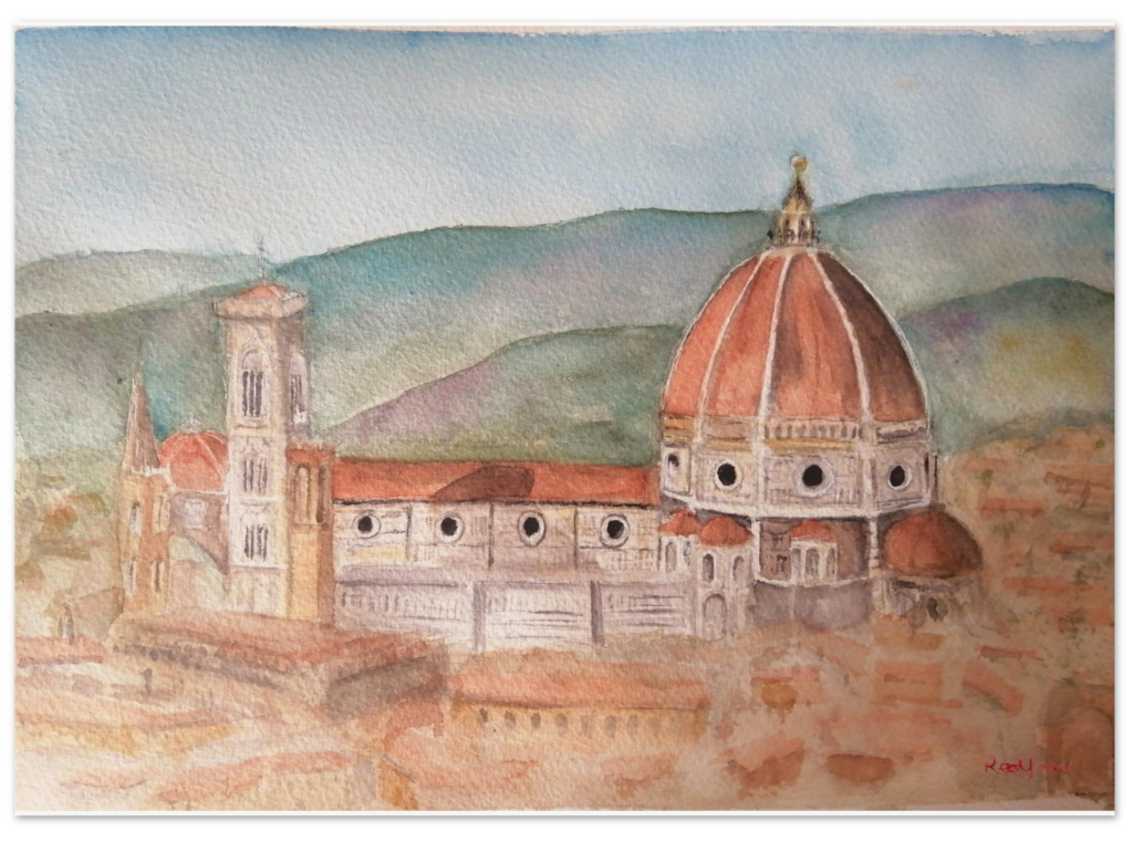 Watercolour painting of Florence, the Duomo and famous Cupola of this beautiful city in Tuscany are faithfully reproduced in this beautiful painting.
