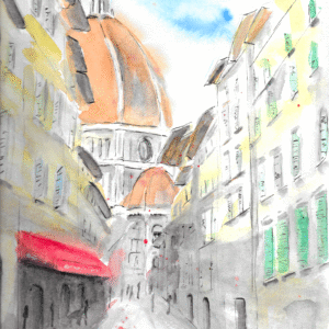 Print from original watercolour and ink sketch of Florence. Featuring the Cupola from the street, Via Dei Servi in the heart of this Italian city in Tuscany.
