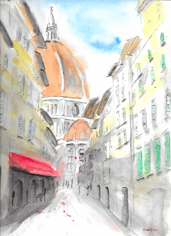 Print from original watercolour and ink sketch of Florence. Featuring the Cupola from the street, Via Dei Servi in the heart of this Italian city in Tuscany.